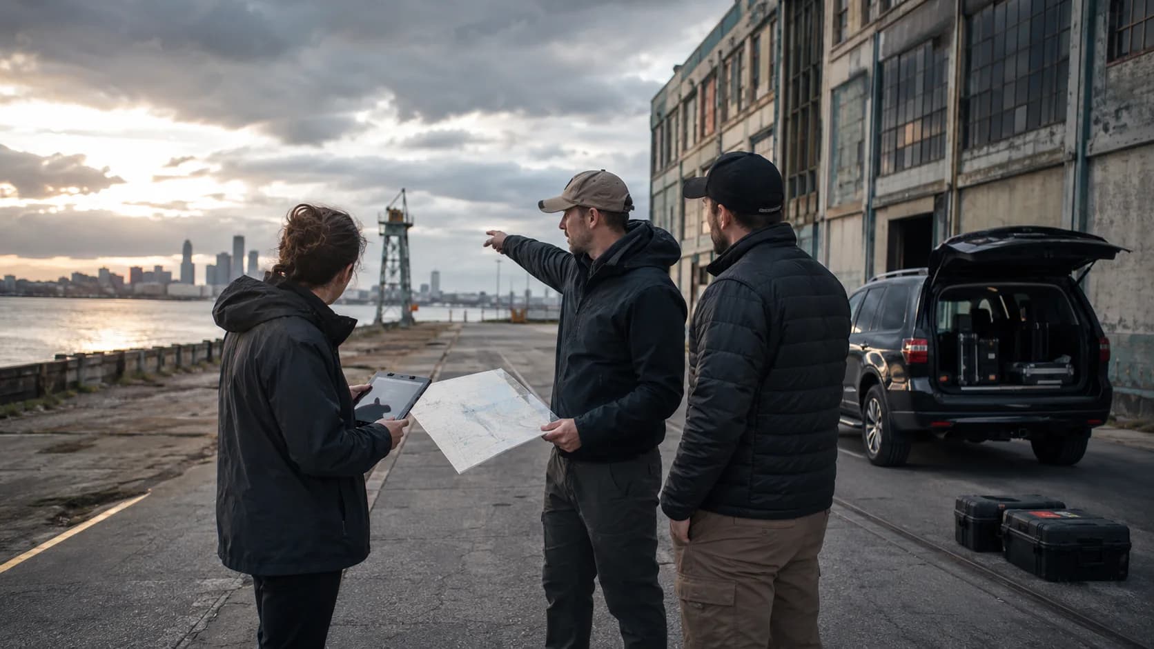 A professional location team evaluating a waterfront industrial film location