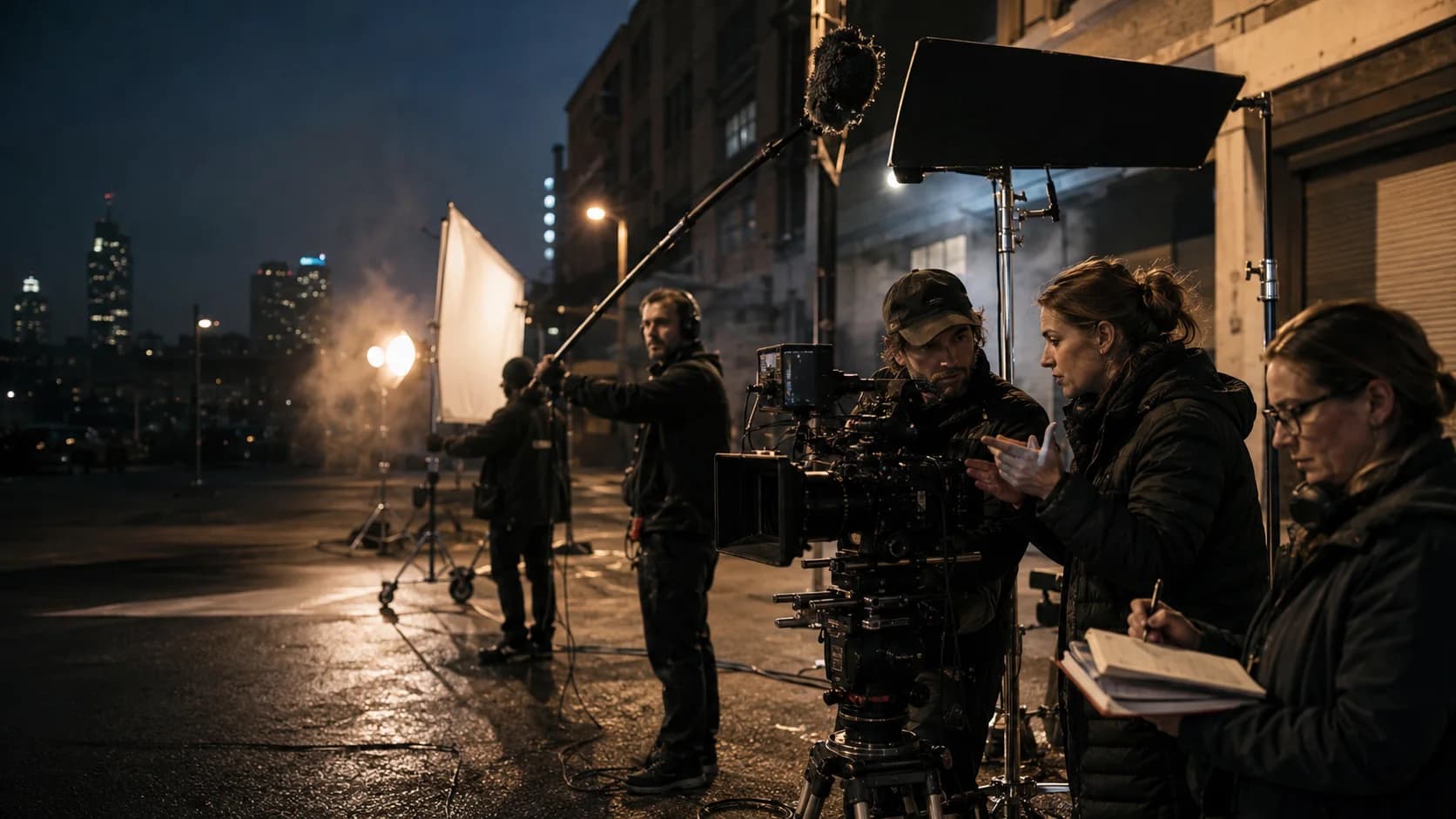 A professional film crew collaborating around a cinema camera during a night exterior production